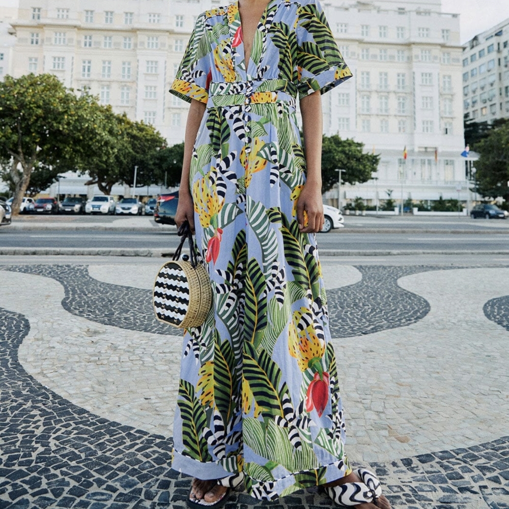 Farm Rio Blue Striped Bananas Jumpsuit